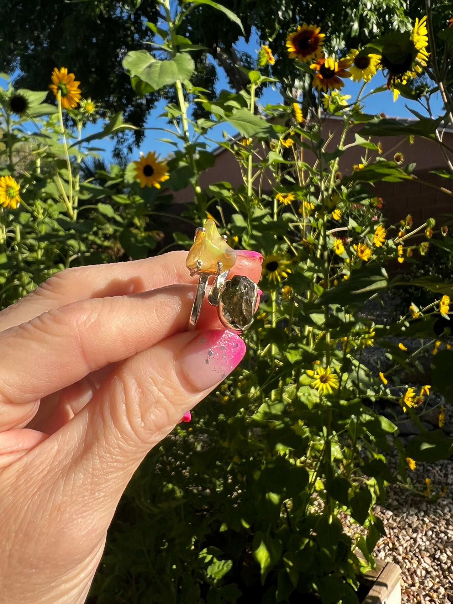 Ethiopian Opal and Green Apatite Ring