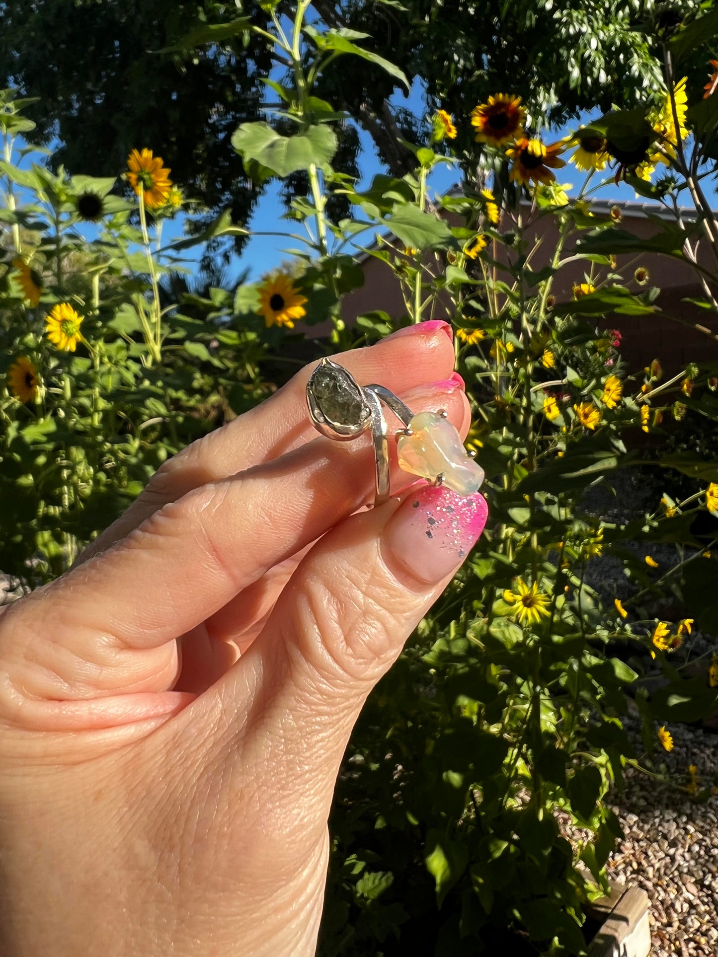 Ethiopian Opal and Green Apatite Ring