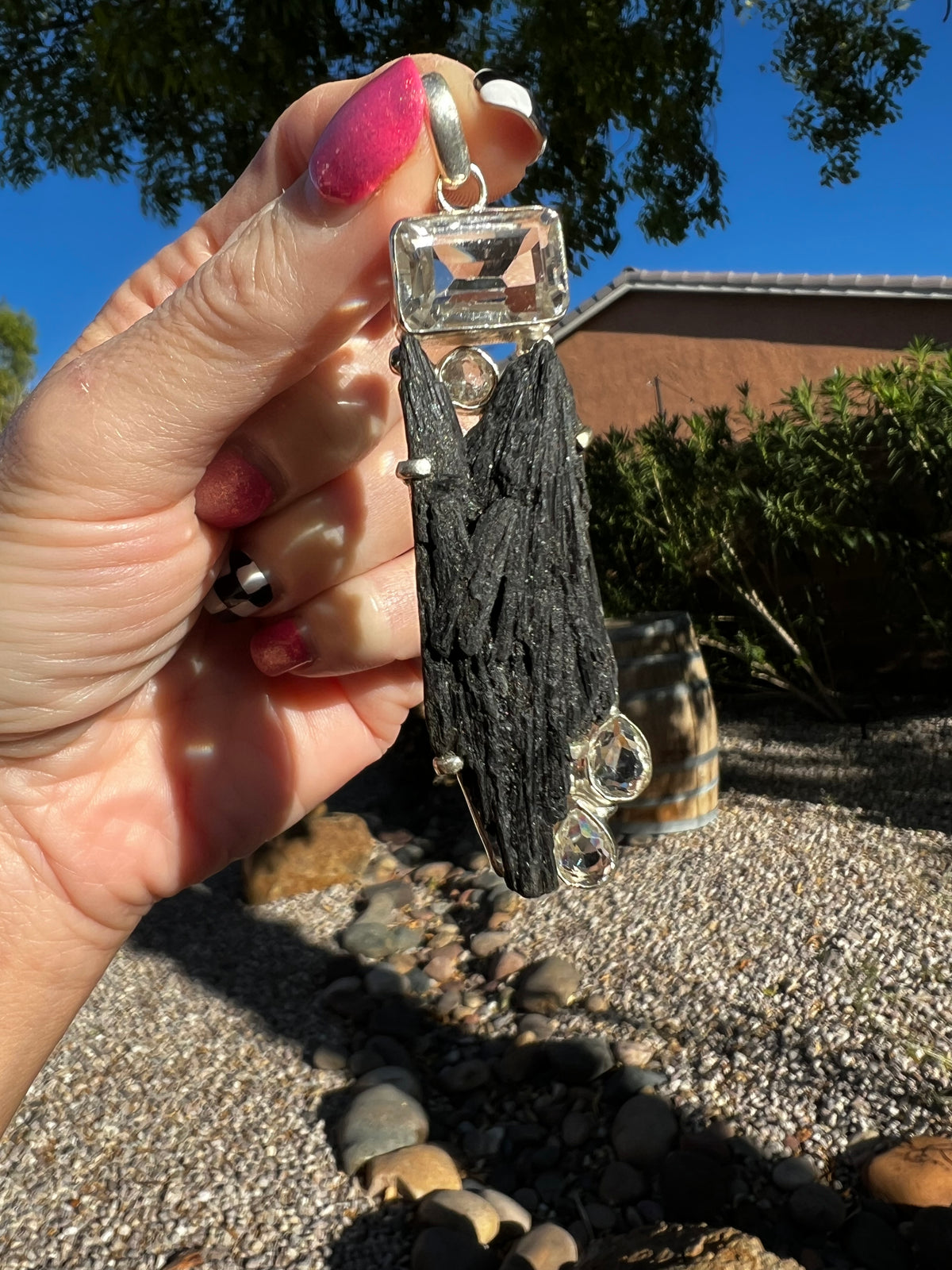 Black kyanite clear quartz pendant $100