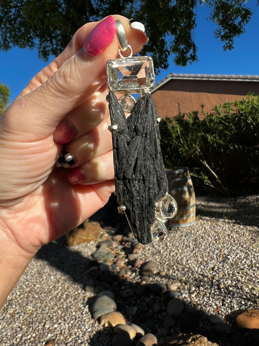Black kyanite clear quartz pendant $100