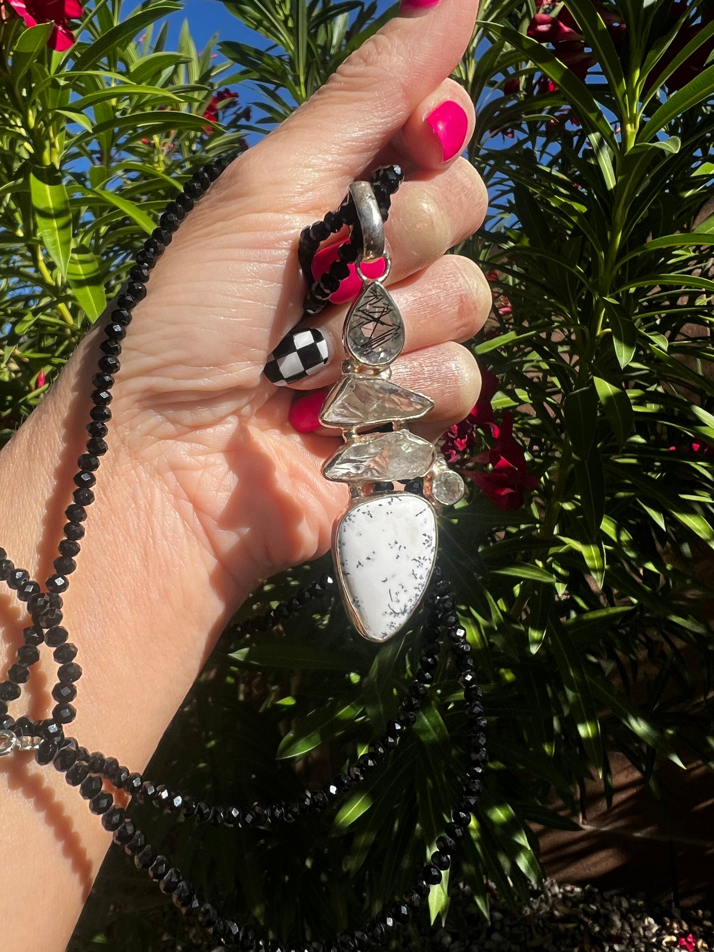 Dendritic Agate Quartz and Tourmaline Necklace Black Spinel
