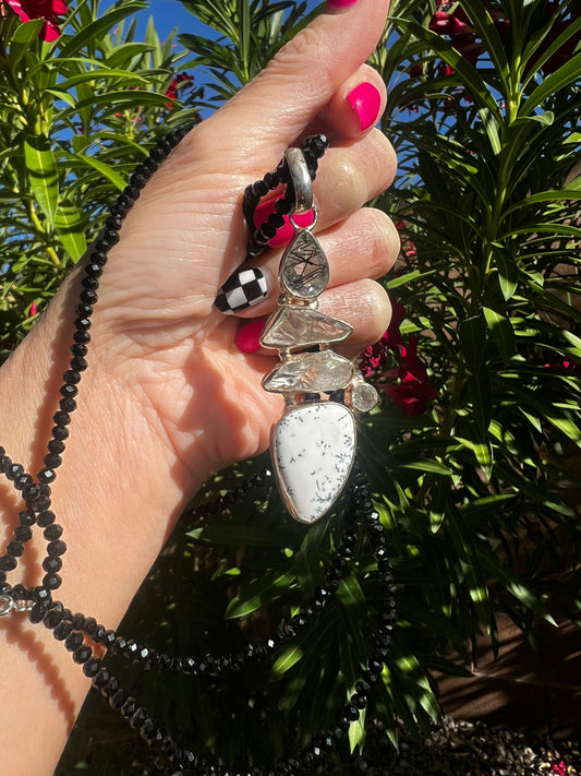 Dendritic Agate Quartz and Tourmaline Necklace Black Spinel