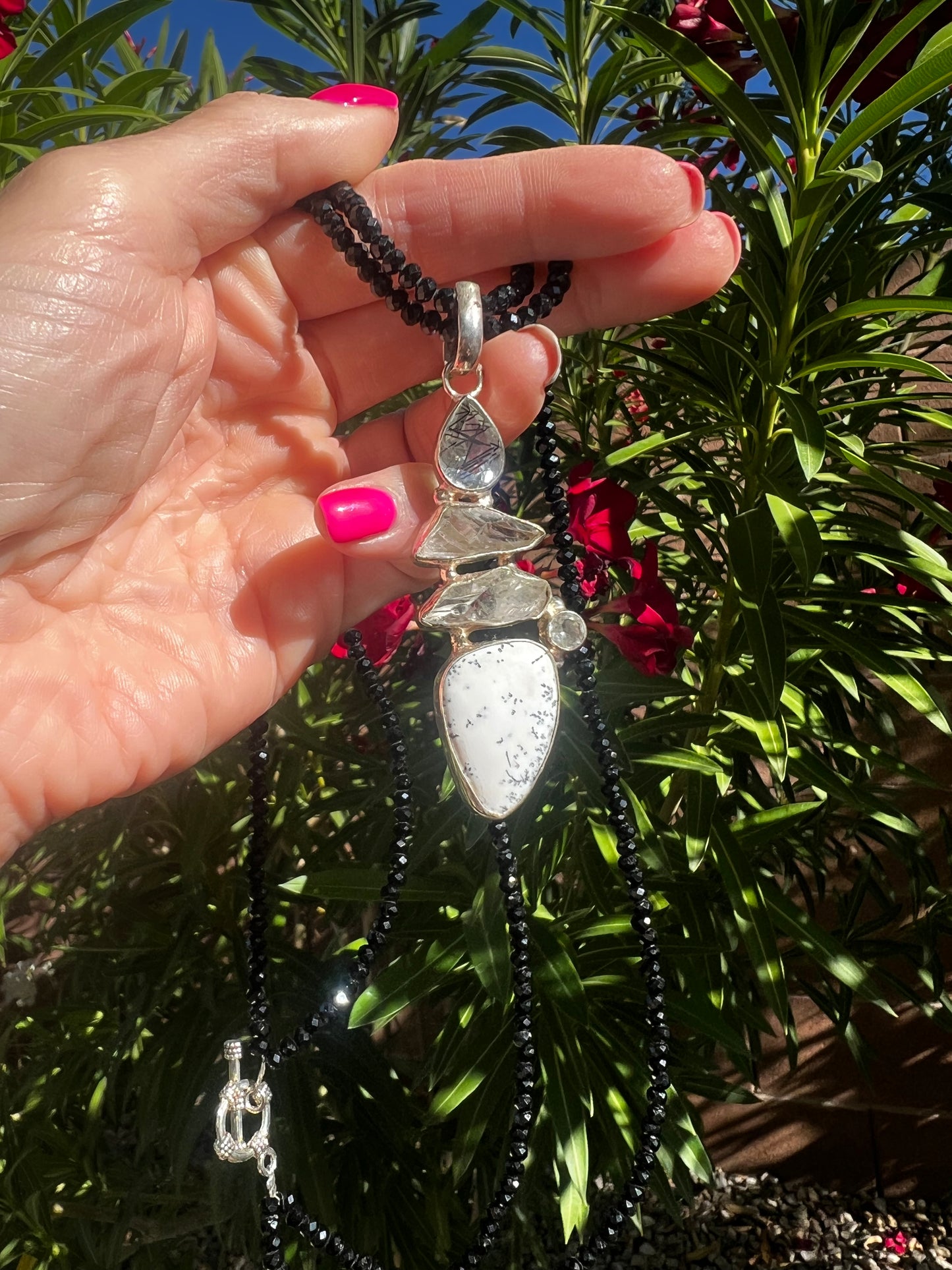 Dendritic Agate Quartz and Tourmaline Necklace Black Spinel