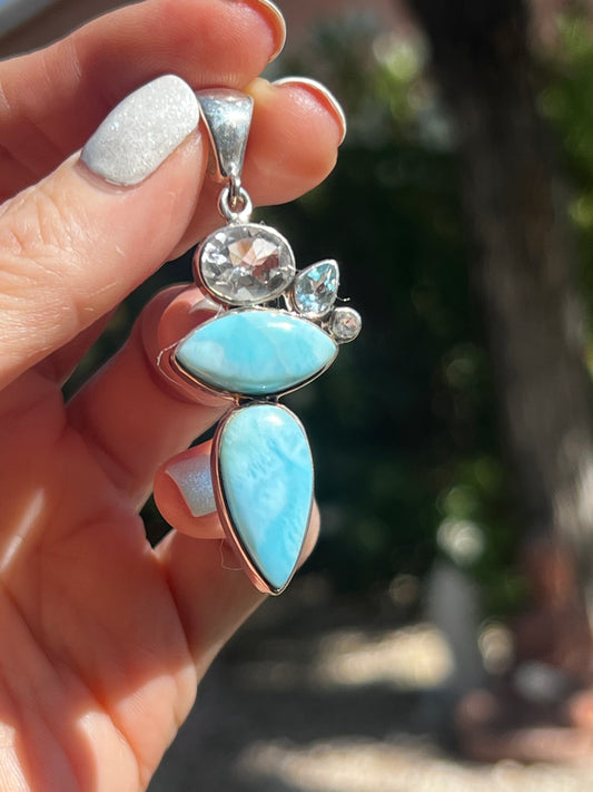 Larimar, Topaz, and Quartz Pendant