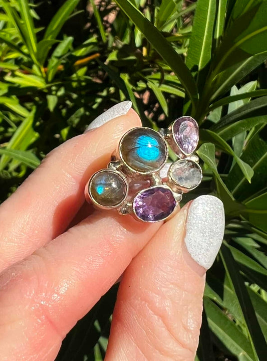 Amethyst, Labradorite and Clear Quartz Ring