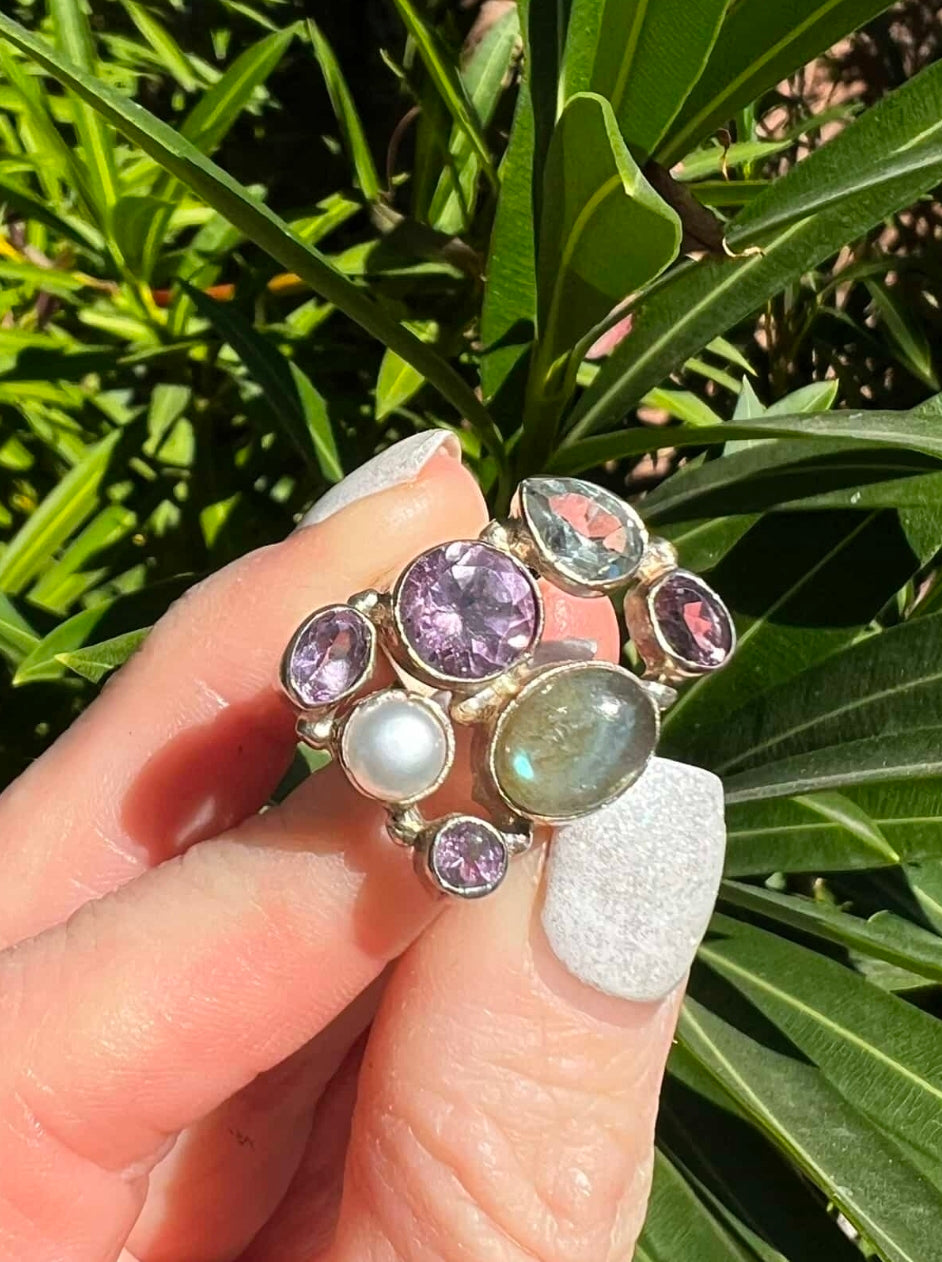 Amethyst, Labradorite, Pearl and Clear Quartz Ring