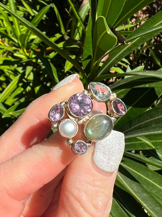 Amethyst, Labradorite, Pearl and Clear Quartz Ring