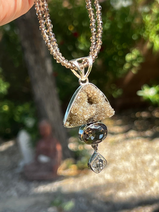 Rough Herkimer, Smoky Quartz and Polished Herkimer on Smoky chain (18 inches)