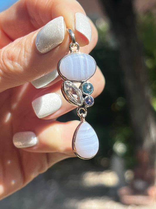 Blue Lace Agate, Herkimer Quartz and Iolite Pendant