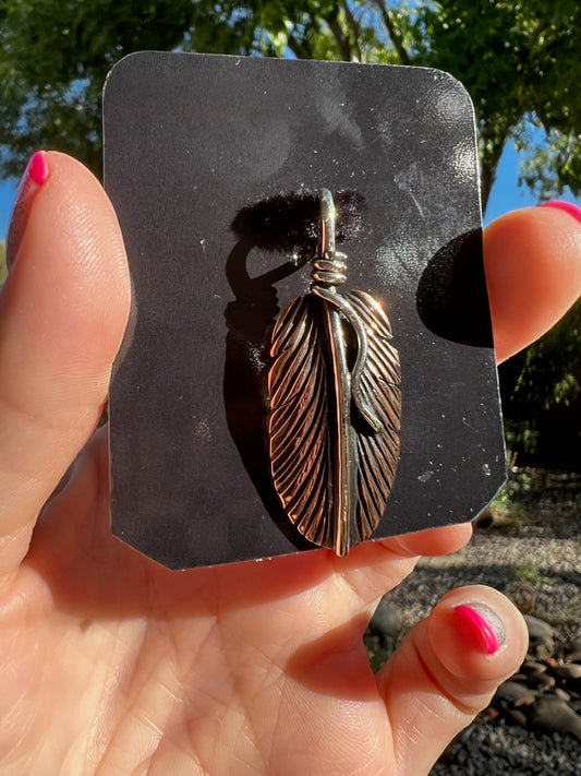 Copper Feather Pendant with Leather Necklace (18 inch)