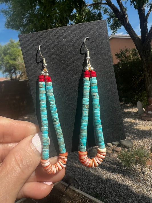 Turquoise Heshi, Spiny Oyster Shell Heshi, Red Coral Heshi Bead Earrings
