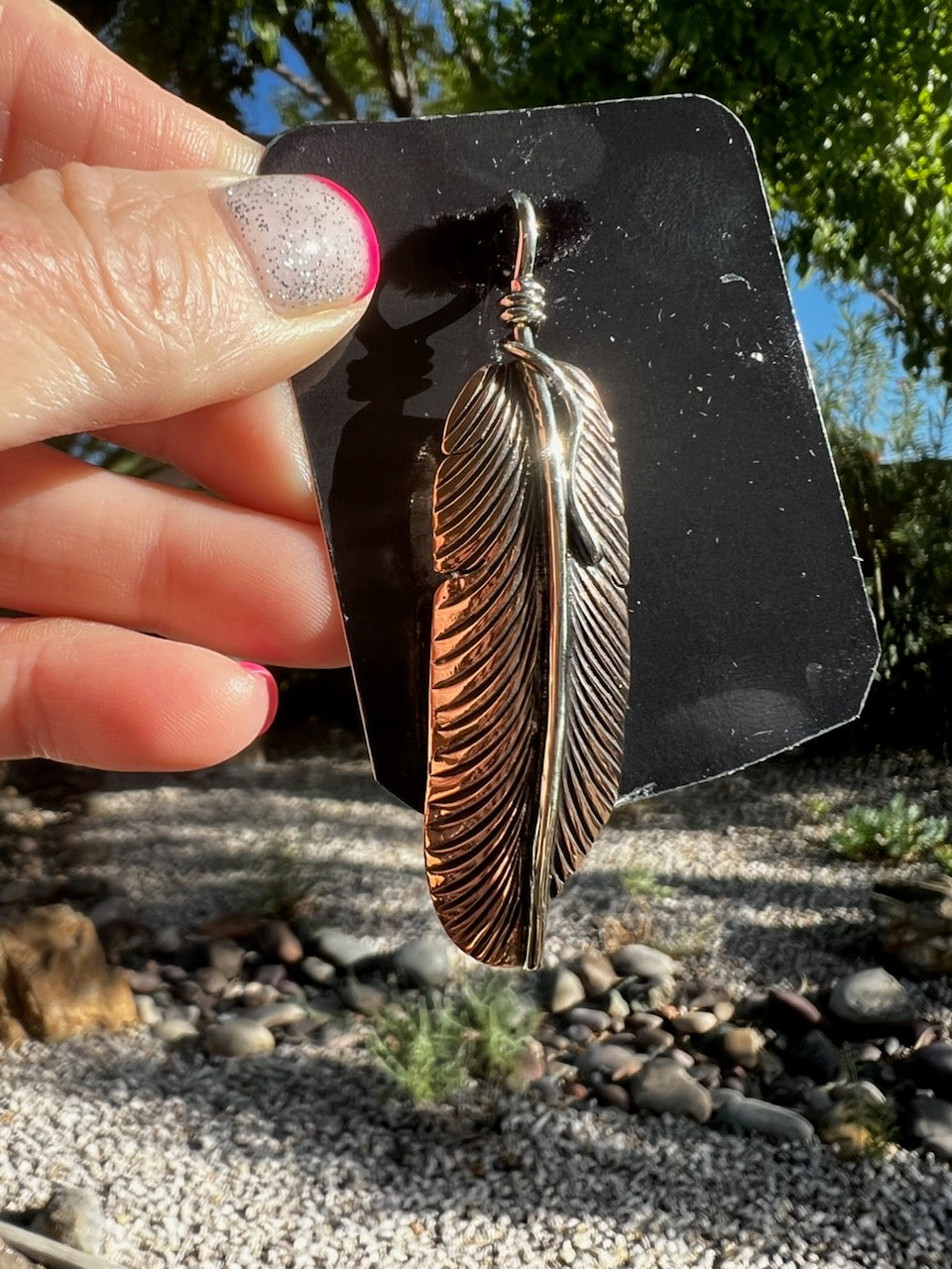 Large Copper Feather Pendant with Leather Necklace (18 inch)