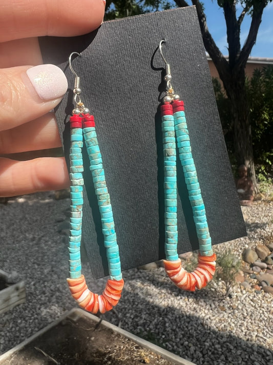 Turquoise Heshi, Spiny Oyster Shell Heshi, Red Coral Heshi Bead Earrings