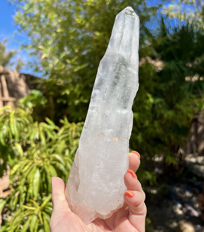 Image of a hand holding a lemurian crystal.